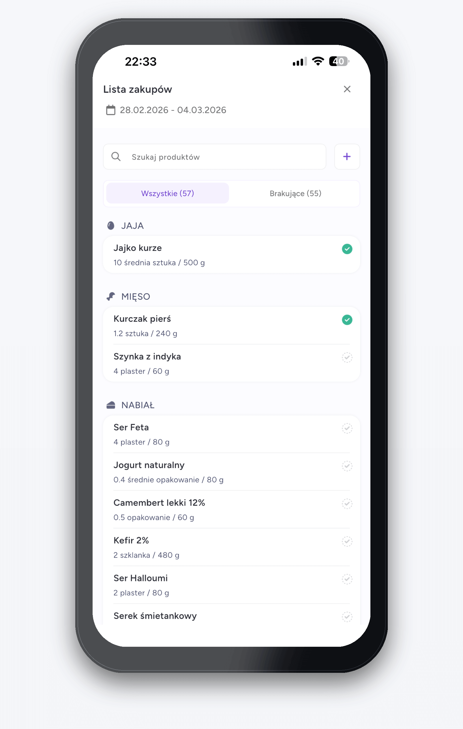 Lista zakupów na dowolną ilość dni