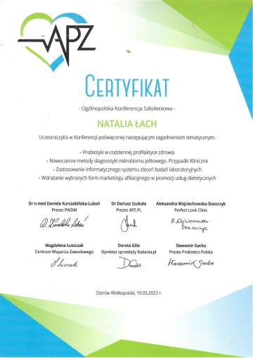 Certyfikat - Ogólnopolska Konferencja Szkoleniowa min. Probiotyki