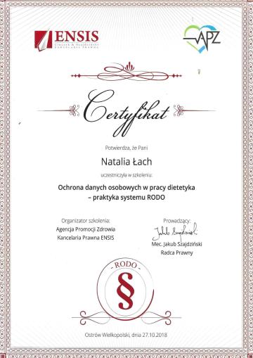 Certyfikat - Ochrona danych w pracy dietetyka