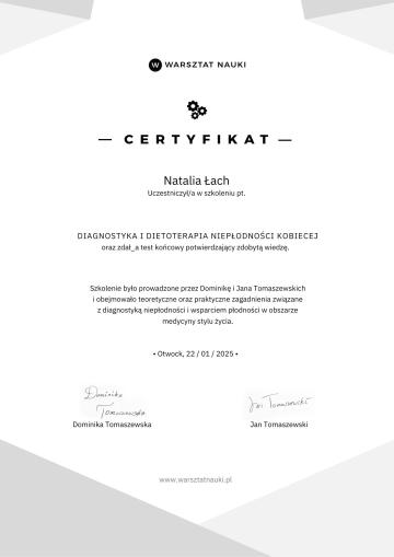 Certyfikat - Diagnostyka i dietoterapia niepłodności kobiecej