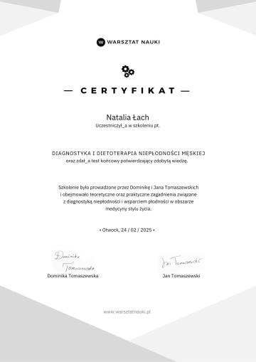 Certyfikat - Diagnostyka i dietoterapia niepłodności męskiej