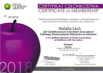 Certyfikat - Członkostwa Polskiego Stowarzyszenia Dietetyków